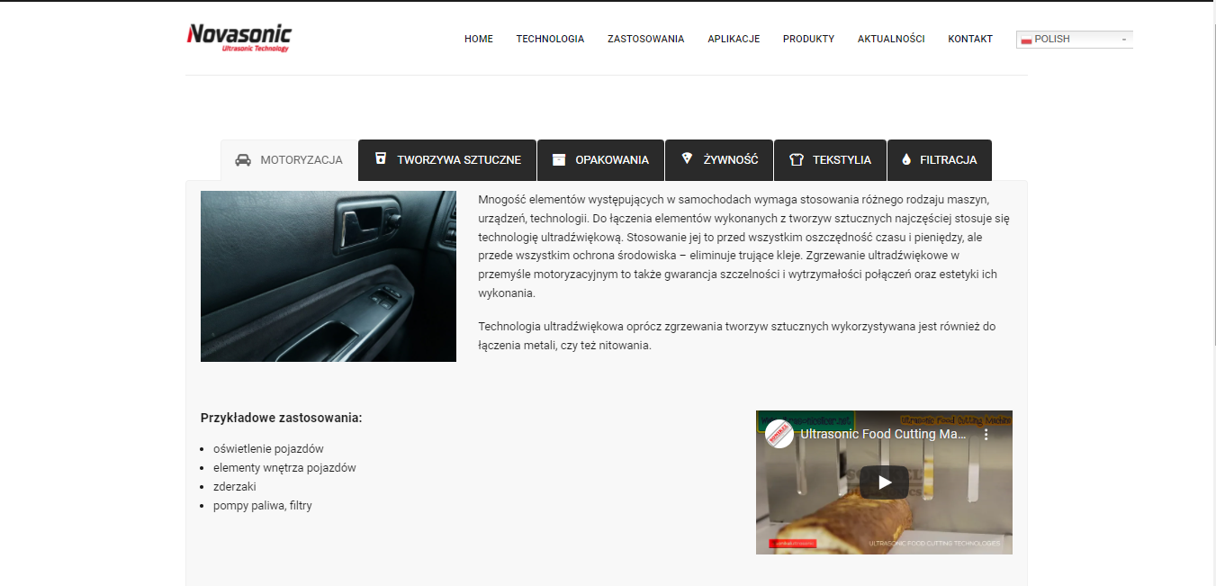 Novasonic - zrzut ekranu ze strony, która przedstawia ofertę dla branży motoryzacyjnej.
