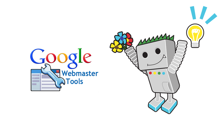Baner z szarym robotem i logo Google Webmaster Tools.