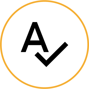 Rysunek który przedstawia literę A i symbol akceptacji w pomarańczowym kółku - symbolizuje analizę stron i sklepów internetowych.